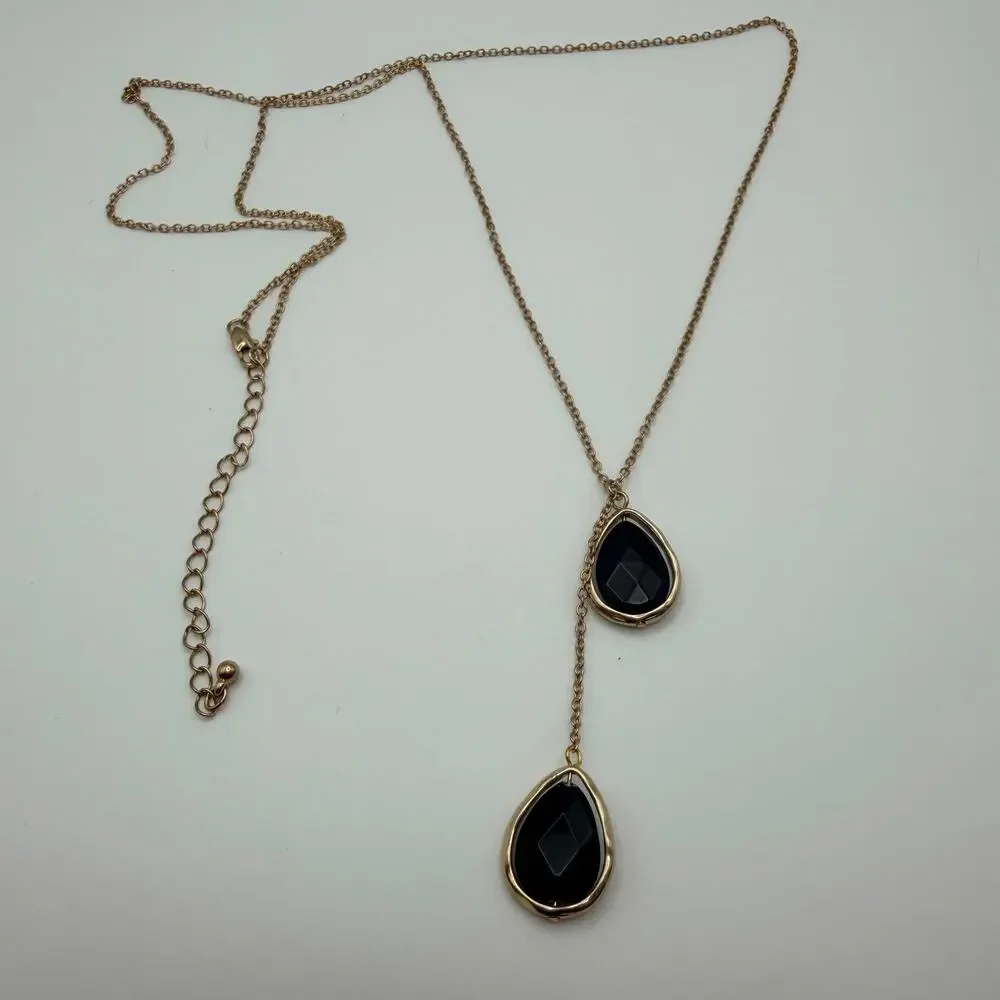 3/$25 - Gold Tone Black Stone Y Necklace Double Drop Pendant Adjustable - Picture 2 of 3